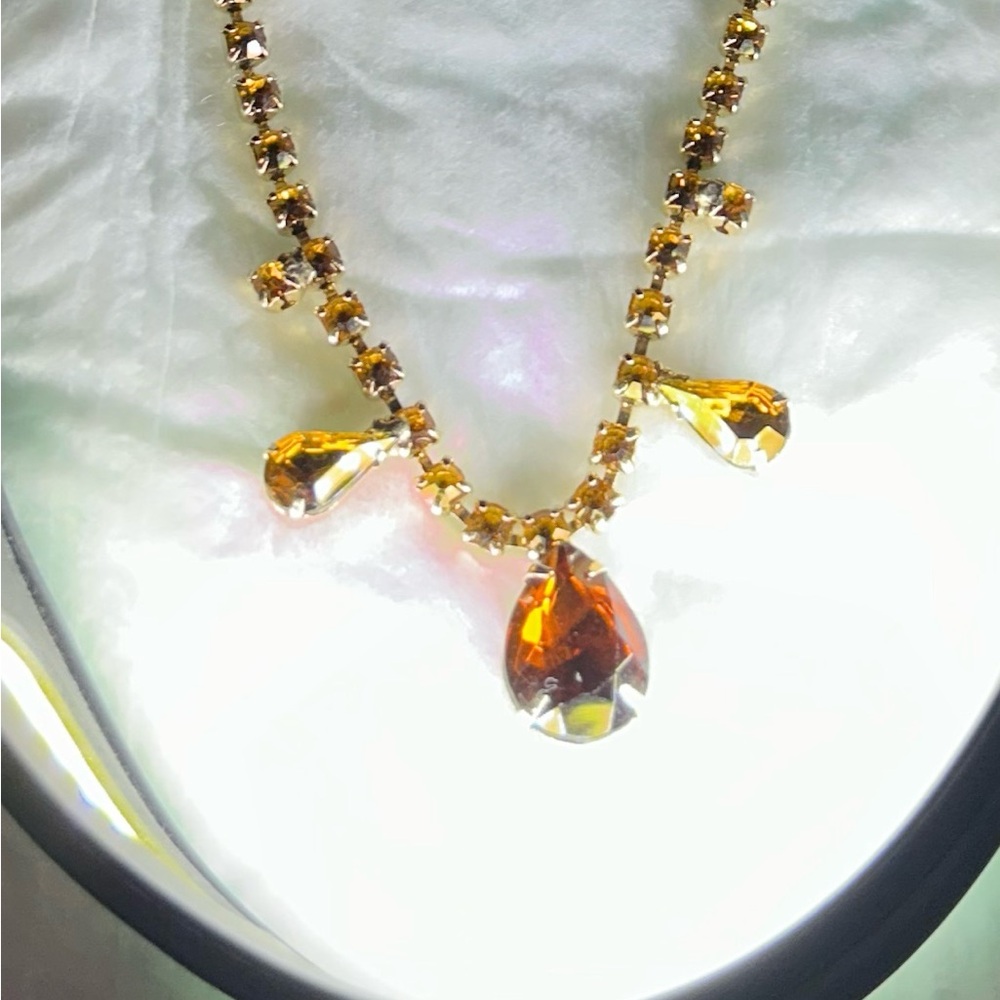 Vintage Gold Toned and Amber Rhinestone Necklace